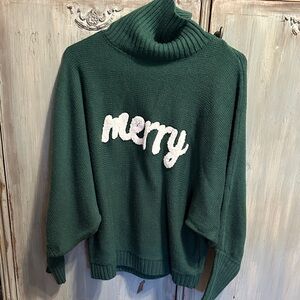 Green Turtleneck Sweater with 'Merry' Embroidery